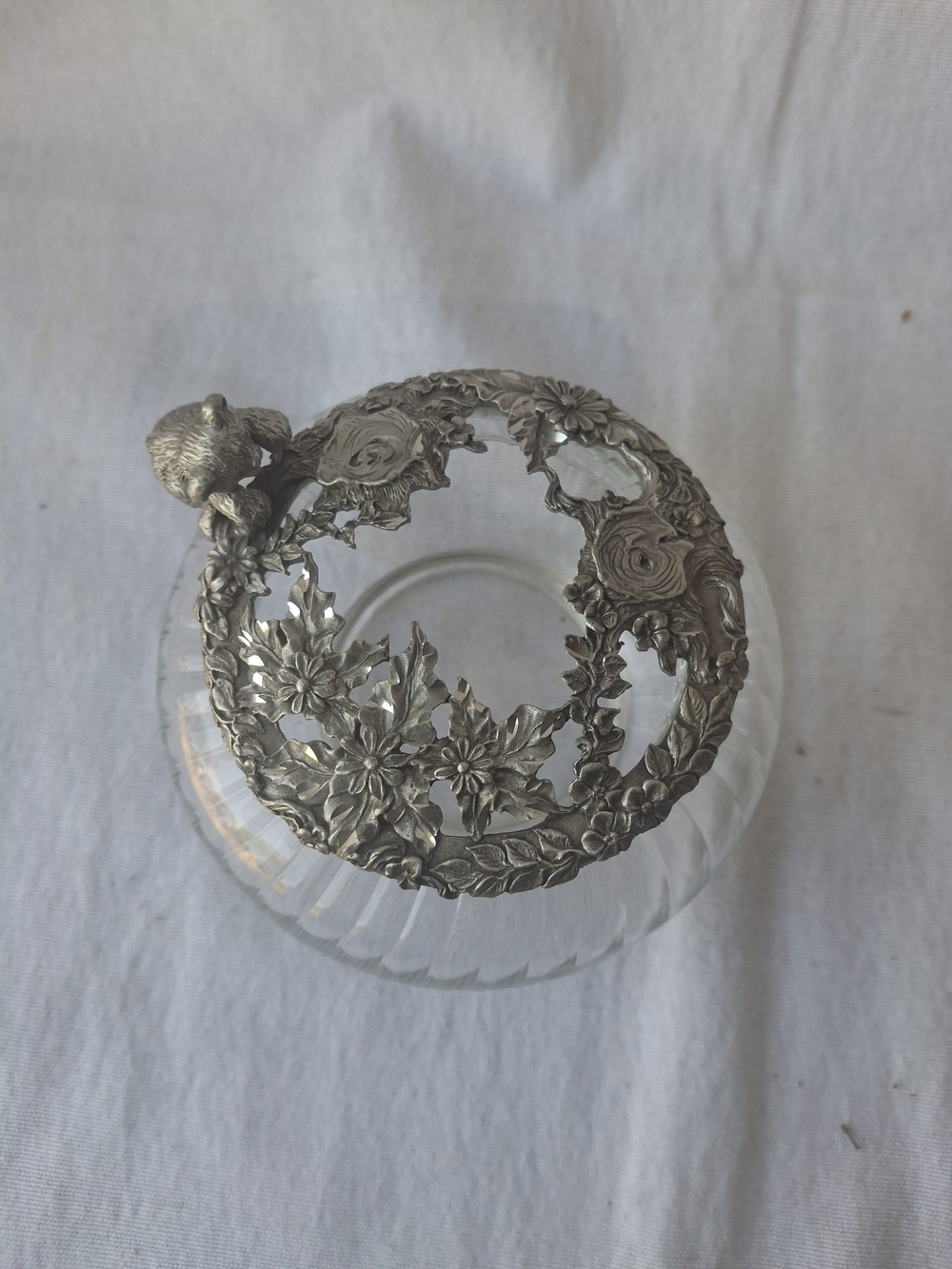 Vintage Silver Floral Glass Trinket Dish - Decorative Home Accent